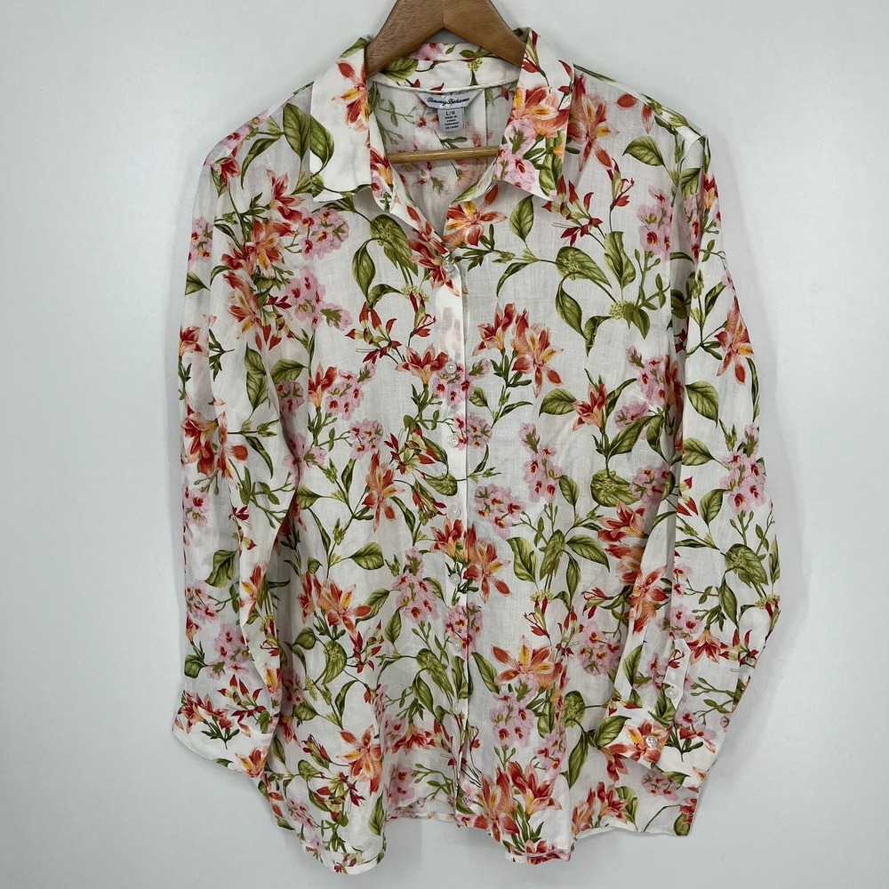 Tommy Bahama Womens Large Linen Floral Button Down Shirt White Pink Orange